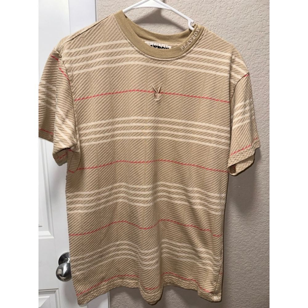 Men's Playboy by Pacsun T-Shirt, Tan & Red Striped, Size M